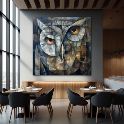 Wall Art titled: Guardian of Geometry in a  format with: Golden, and Grey Colors; Decoration the Restaurant wall