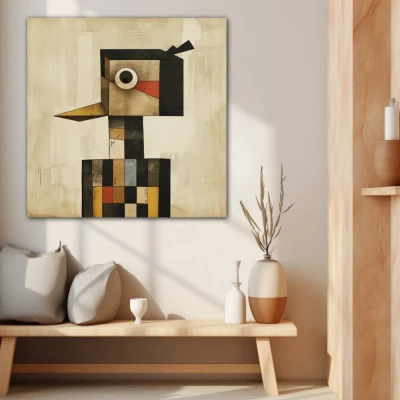 Wall Art titled: The Square Guardian in a Square format with: Grey, Black, and Beige Colors; Decoration the Beige Wall wall