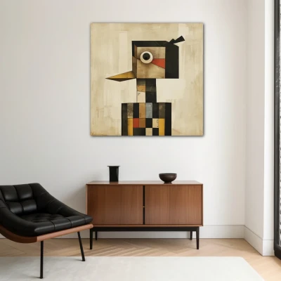 Wall Art titled: The Square Guardian in a Square format with: Grey, Black, and Beige Colors; Decoration the White Wall wall
