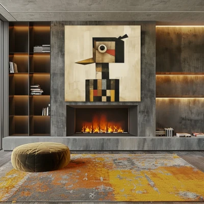 Wall Art titled: The Square Guardian in a Square format with: Grey, Black, and Beige Colors; Decoration the Fireplace wall