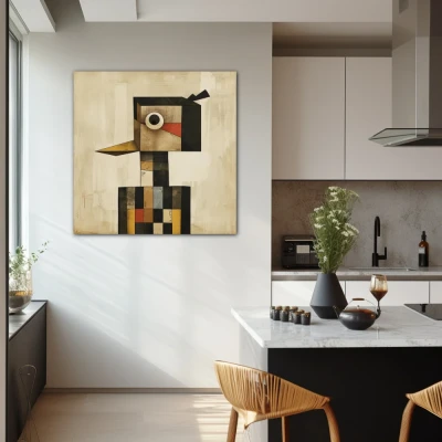 Wall Art titled: The Square Guardian in a Square format with: Grey, Black, and Beige Colors; Decoration the Kitchen wall