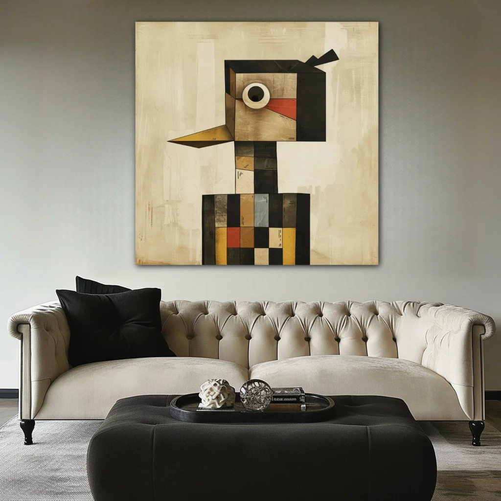 Wall Art titled: The Square Guardian in a Square format with: Grey, Black, and Beige Colors; Decoration the Above Couch wall