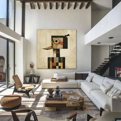 Wall Art titled: The Square Guardian in a Square format with: Grey, Black, and Beige Colors; Decoration the Living Room wall