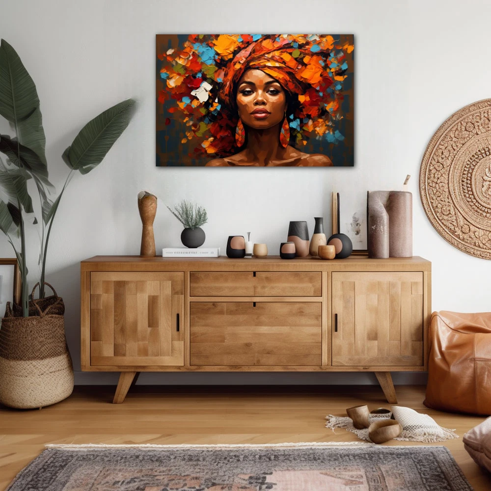 Wall Art titled: Woman of a Thousand Colors in a Horizontal format with: Blue, Brown, and Orange Colors; Decoration the Sideboard wall