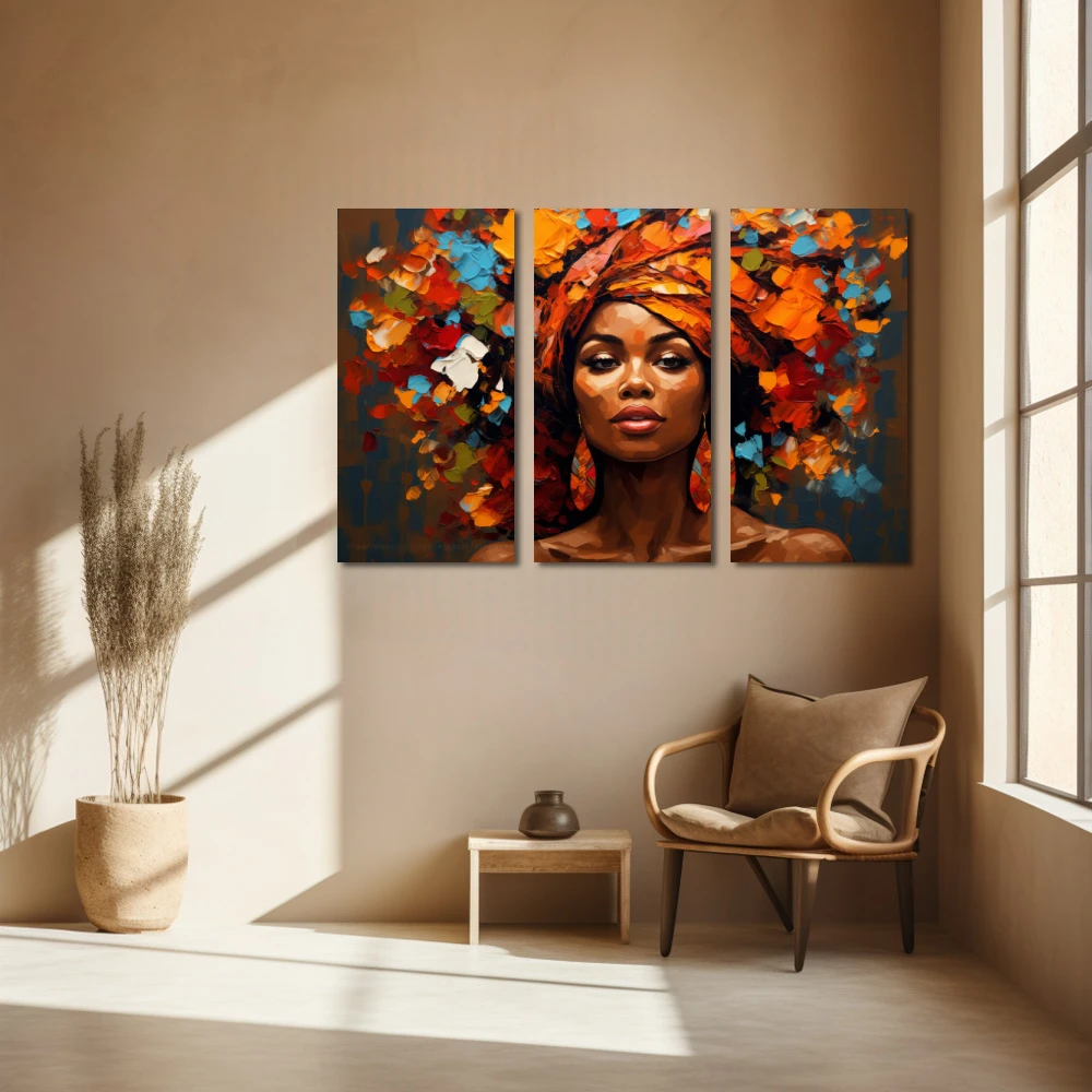Wall Art titled: Woman of a Thousand Colors in a Horizontal format with: Blue, Brown, and Orange Colors; Decoration the Beige Wall wall