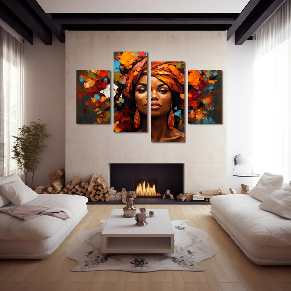 Wall Art titled: Woman of a Thousand Colors in a Horizontal format with: Blue, Brown, and Orange Colors; Decoration the Fireplace wall