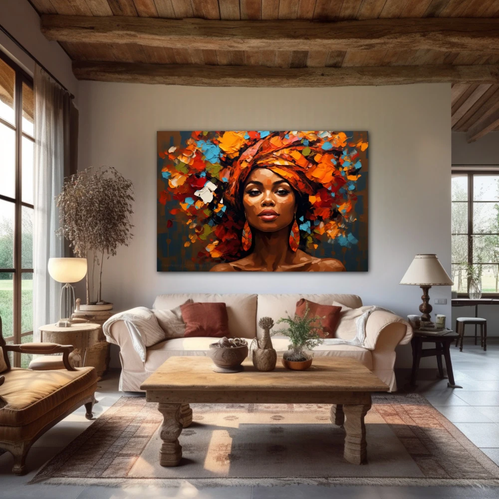 Wall Art titled: Woman of a Thousand Colors in a Horizontal format with: Blue, Brown, and Orange Colors; Decoration the Above Couch wall