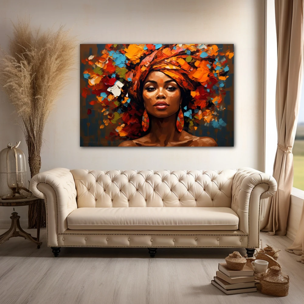Wall Art titled: Woman of a Thousand Colors in a Horizontal format with: Blue, Brown, and Orange Colors; Decoration the Above Couch wall
