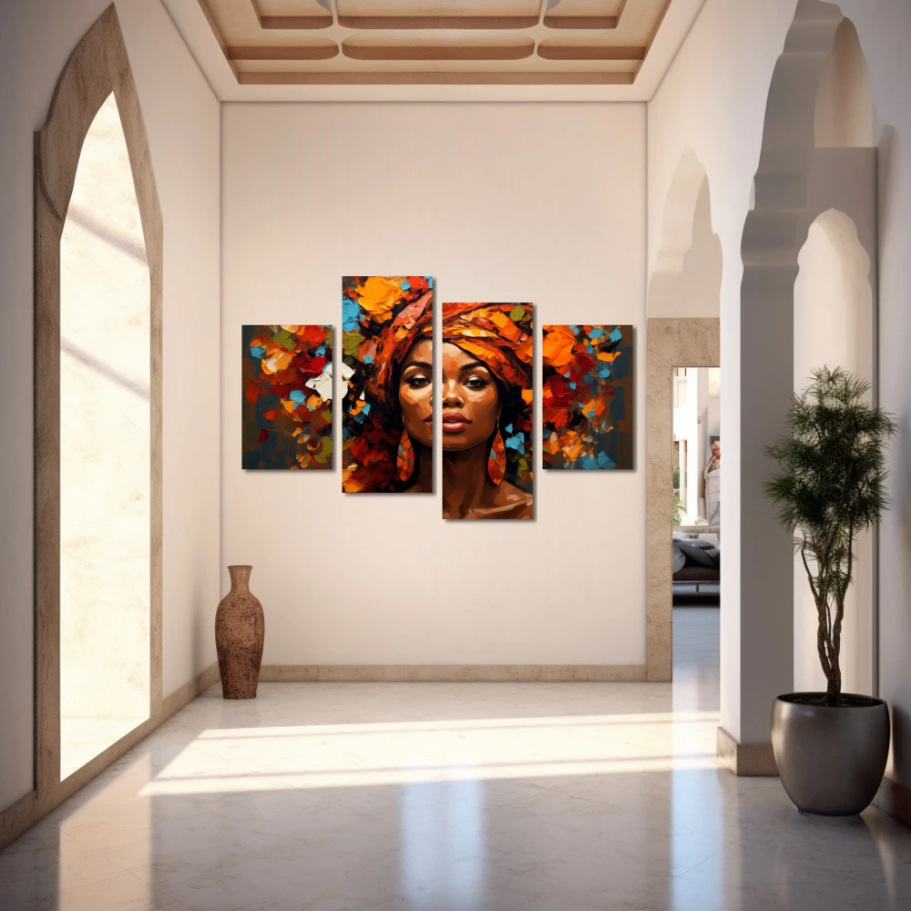 Wall Art titled: Woman of a Thousand Colors in a Horizontal format with: Blue, Brown, and Orange Colors; Decoration the Entryway wall