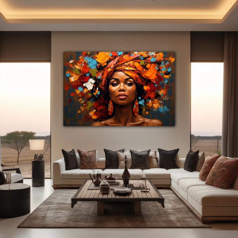Wall Art titled: Woman of a Thousand Colors in a Horizontal format with: Blue, Brown, and Orange Colors; Decoration the Living Room wall
