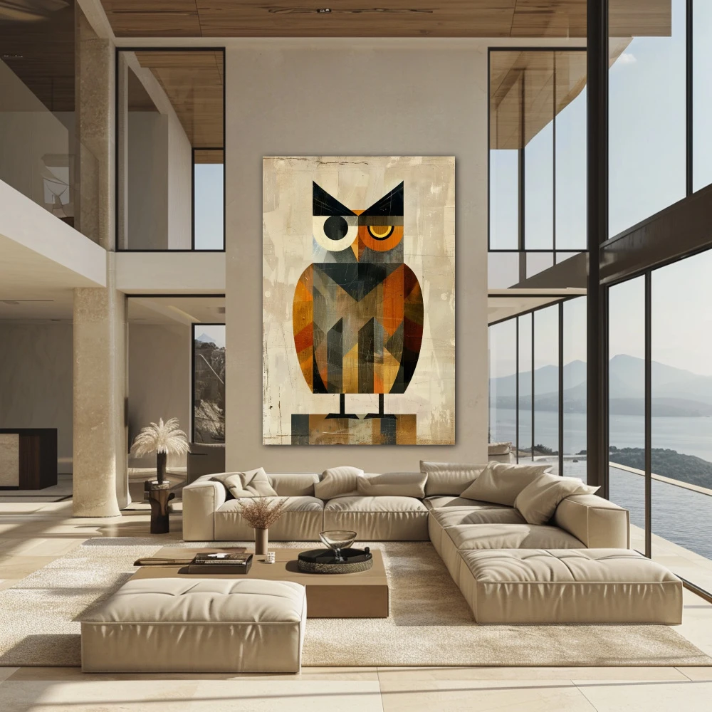 Cuadro el observador de Ébano en formato vertical con colores gris, naranja; decorando pared de encima del sofá