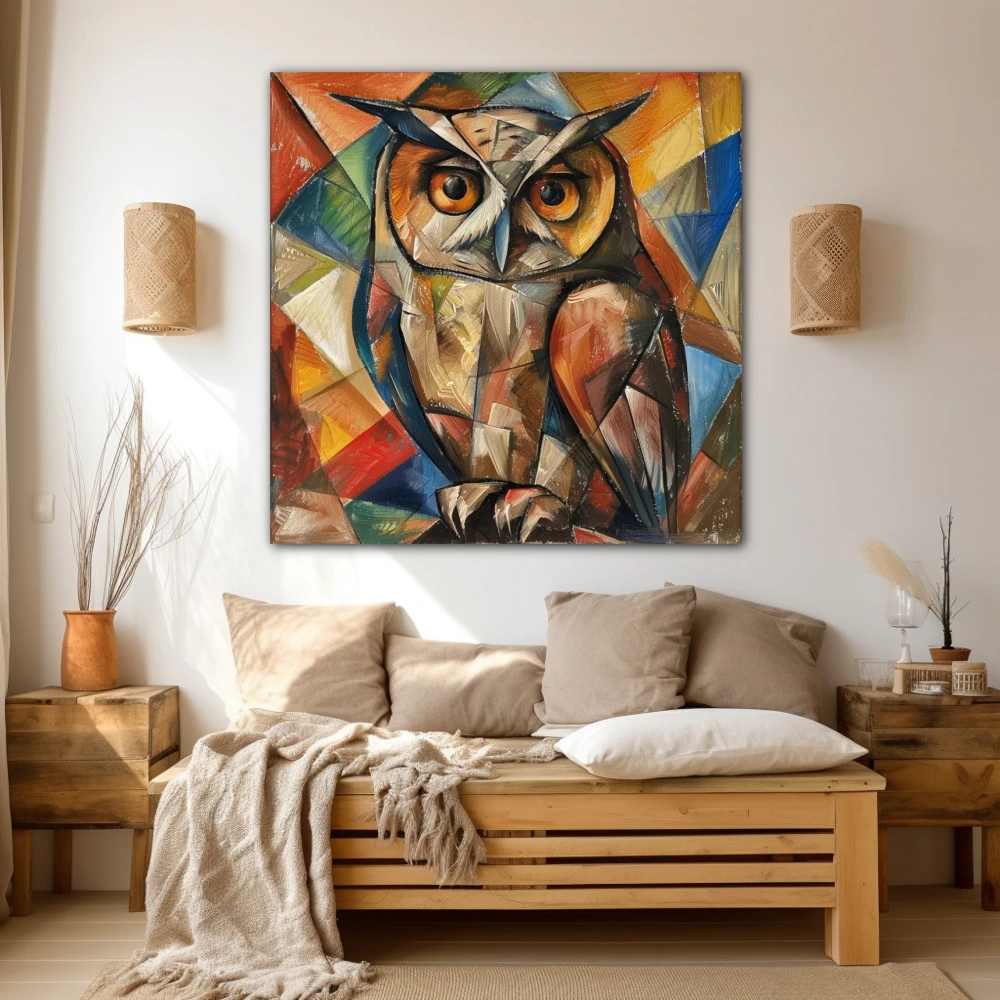 Cuadro owl's moon dance en formato cuadrado con colores amarillo, azul, marrón; decorando pared beige