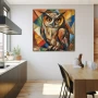 Wall Art titled: Owl's Moon Dance in a Square format with: Yellow, Blue, and Brown Colors; Decoration the Kitchen wall