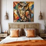 Wall Art titled: Owl's Moon Dance in a Square format with: Yellow, Blue, and Brown Colors; Decoration the Bedroom wall