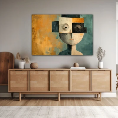 Wall Art titled: The Facets of Being in a  format with: Blue, Golden, Brown, and Black Colors; Decoration the Sideboard wall