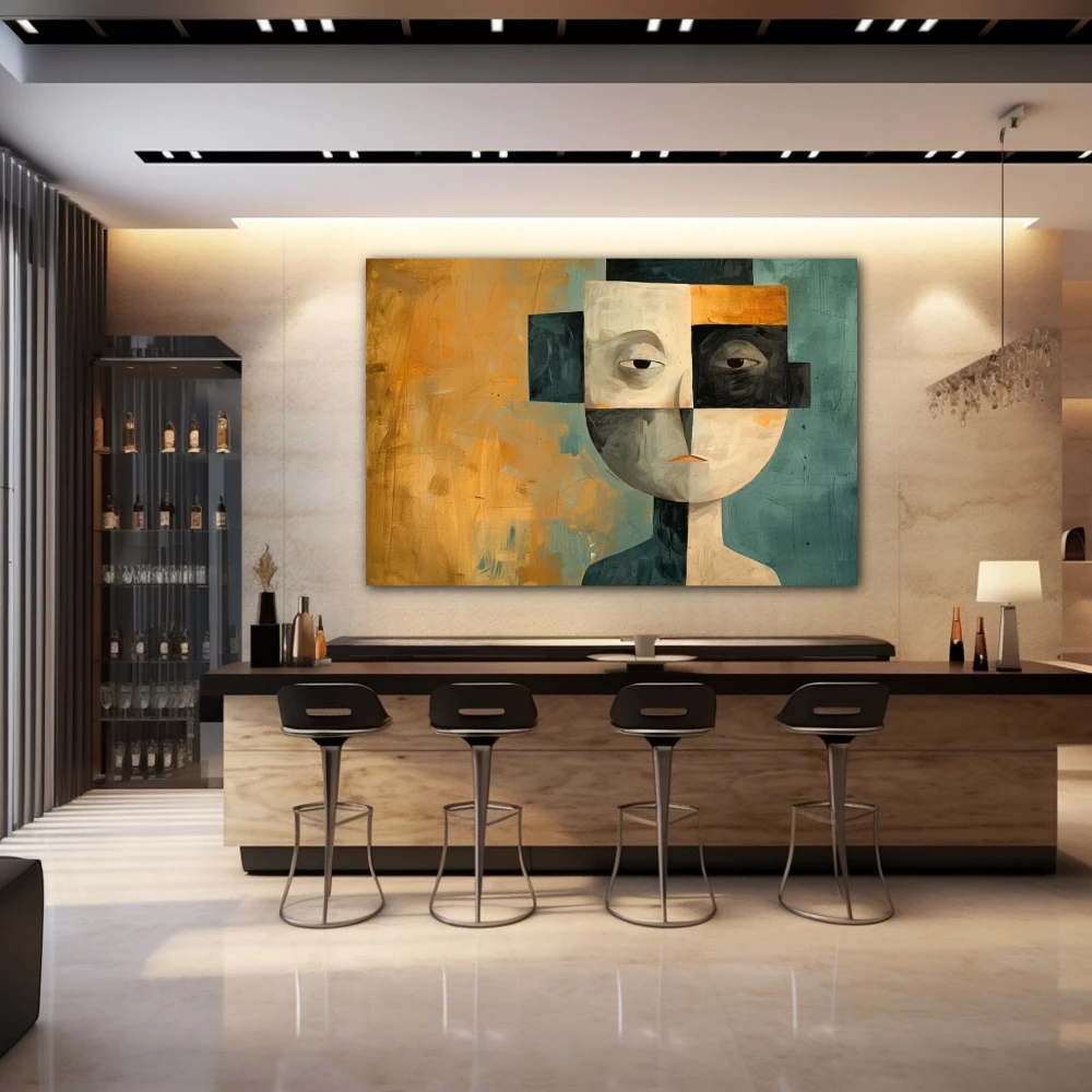 Wall Art titled: The Facets of Being in a Horizontal format with: Blue, Golden, Brown, and Black Colors; Decoration the Bar wall