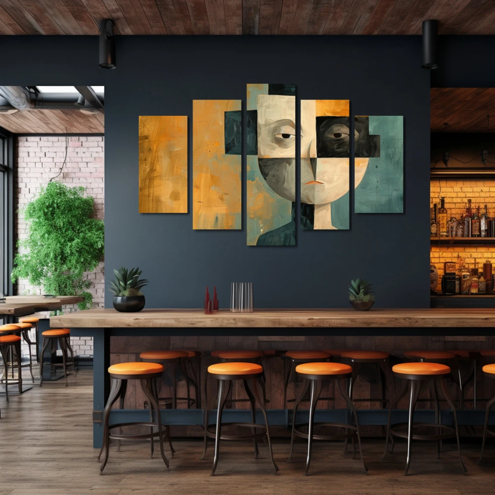 Wall Art titled: The Facets of Being in a Horizontal format with: Blue, Golden, Brown, and Black Colors; Decoration the Bar wall