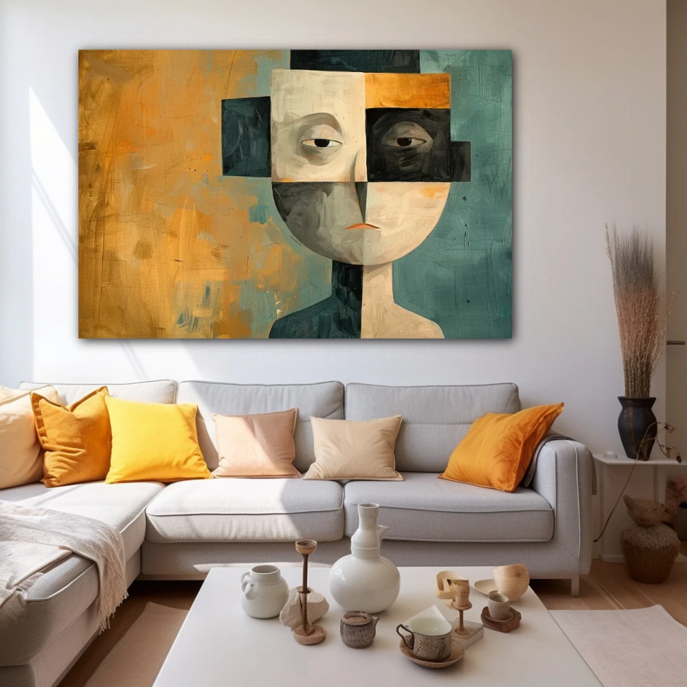 Wall Art titled: The Facets of Being in a Horizontal format with: Blue, Golden, Brown, and Black Colors; Decoration the White Wall wall