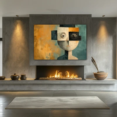 Wall Art titled: The Facets of Being in a  format with: Blue, Golden, Brown, and Black Colors; Decoration the Fireplace wall