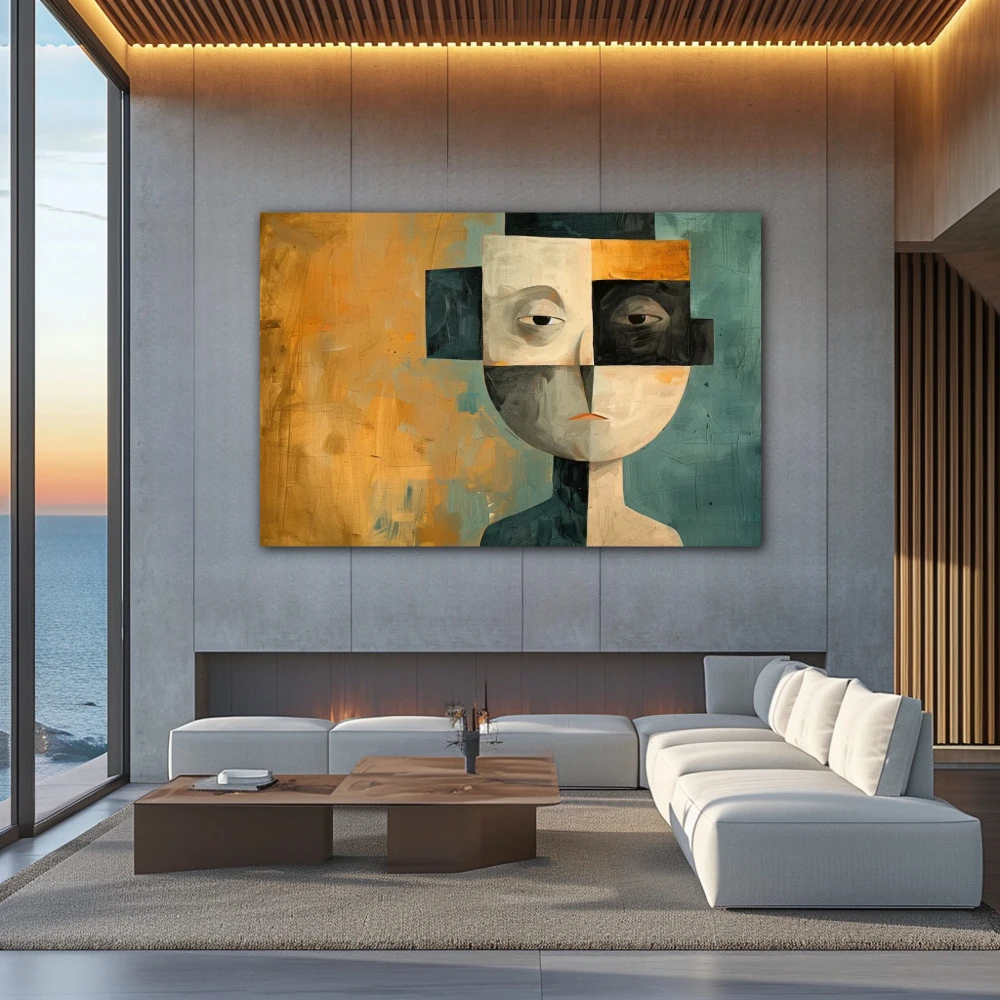 Wall Art titled: The Facets of Being in a Horizontal format with: Blue, Golden, Brown, and Black Colors; Decoration the Above Couch wall
