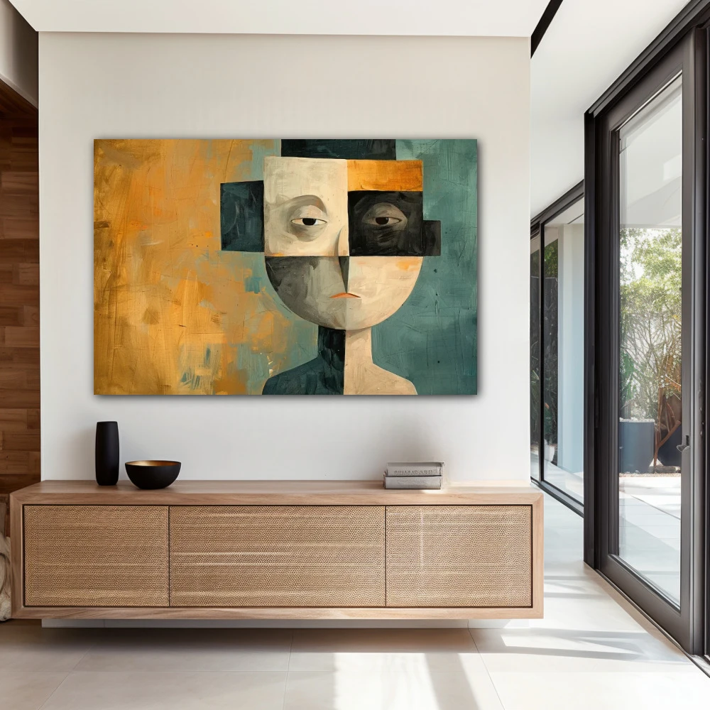Wall Art titled: The Facets of Being in a Horizontal format with: Blue, Golden, Brown, and Black Colors; Decoration the Entryway wall