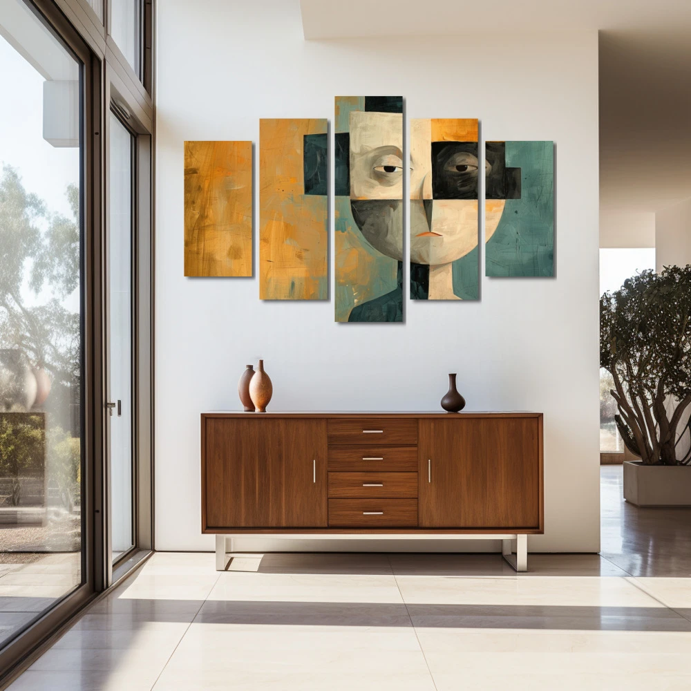 Wall Art titled: The Facets of Being in a Horizontal format with: Blue, Golden, Brown, and Black Colors; Decoration the Entryway wall