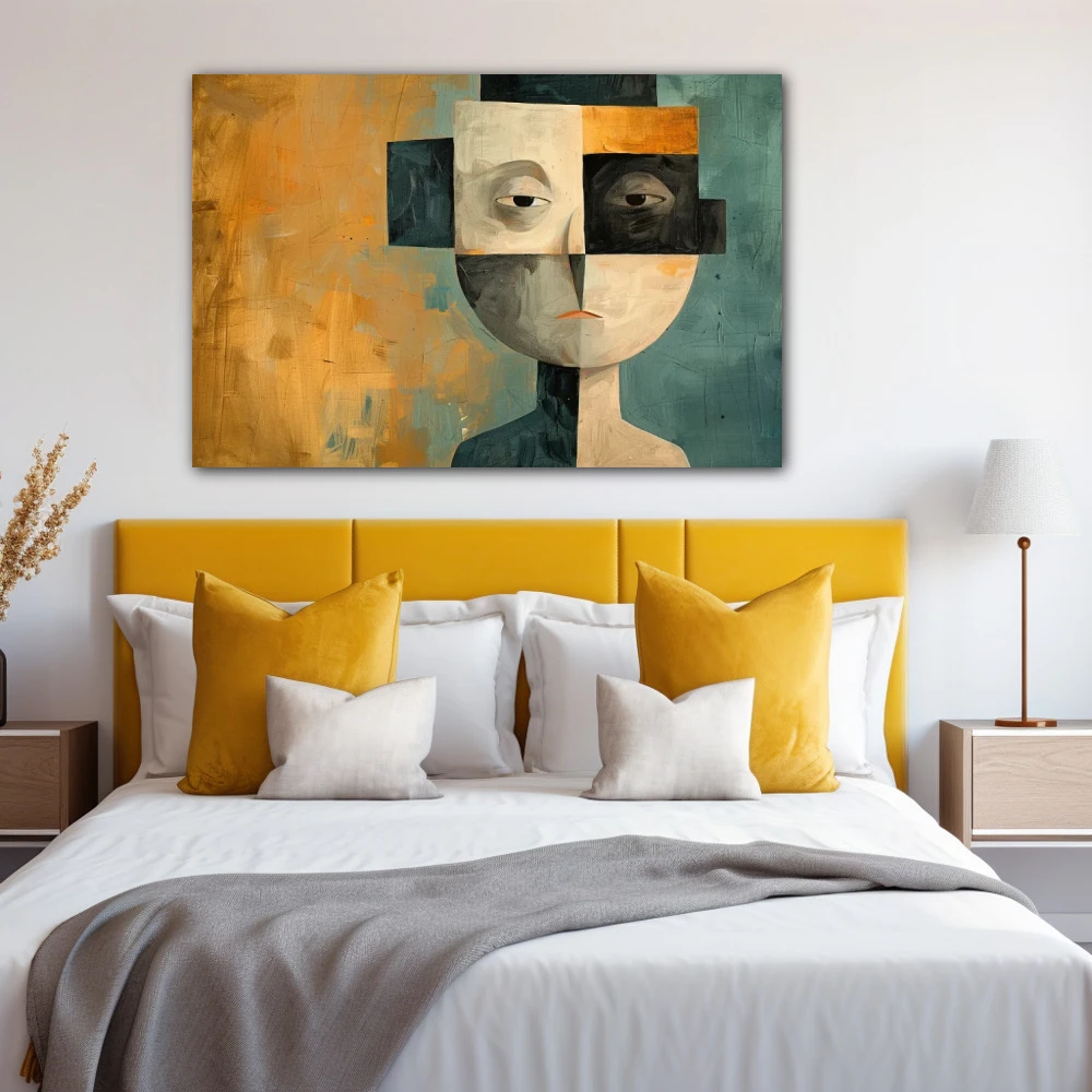 Cuadro las facetas del ser en formato horizontal con colores azul, dorado, marrón, negro; decorando pared de habitación dormitorio