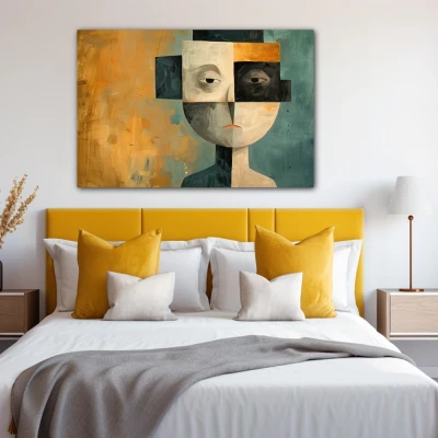 Wall Art titled: The Facets of Being in a  format with: Blue, Golden, Brown, and Black Colors; Decoration the Bedroom wall