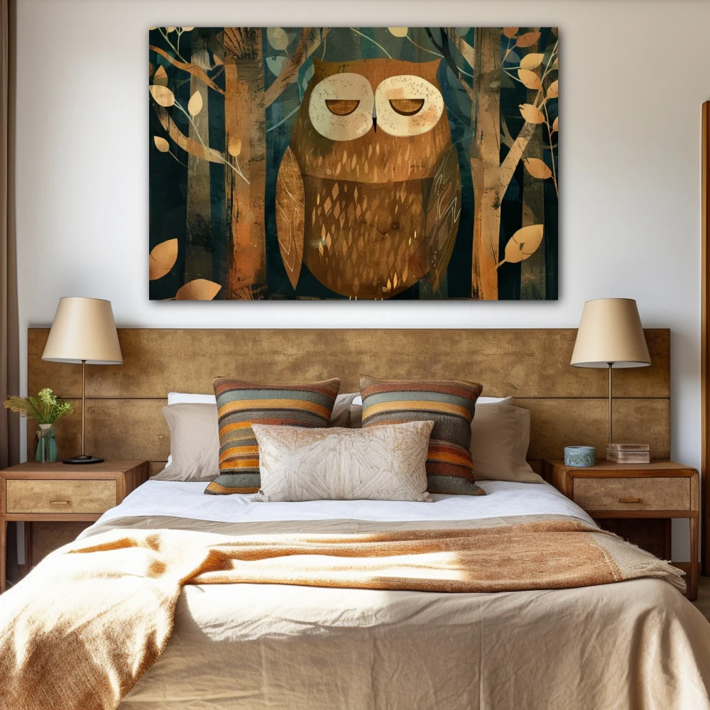Cuadro guardian de tus sueños en formato horizontal con colores gris, marrón; decorando pared de habitación dormitorio