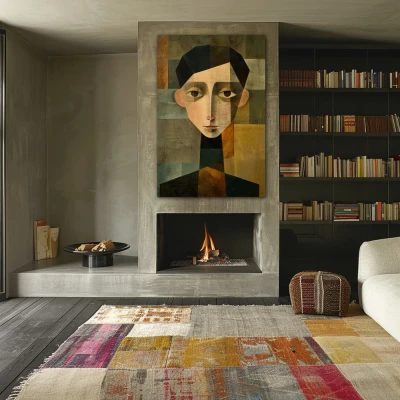 Wall Art titled: Dr Who in a Vertical format with: Green, and Beige Colors; Decoration the Fireplace wall