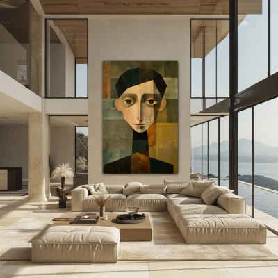 Wall Art titled: Dr Who in a Vertical format with: Green, and Beige Colors; Decoration the Above Couch wall