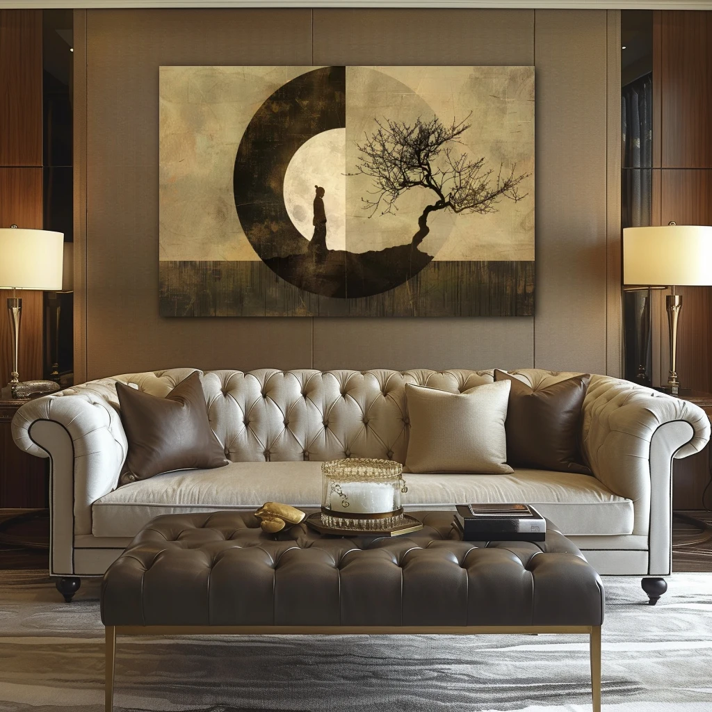 Cuadro ciclos de la existencia en formato horizontal con colores marrón, monocromático; decorando pared de encima del sofá