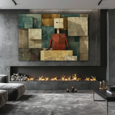 Wall Art titled: Leaders of Empty Content in a  format with: Blue, Grey, and Red Colors; Decoration the Fireplace wall