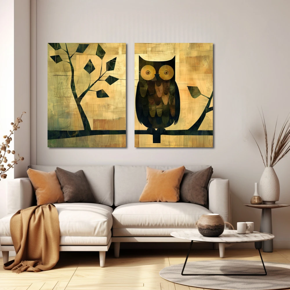 Wall Art titled: Witness of the Forest in a Horizontal format with: Golden, Grey, Black, and Beige Colors; Decoration the White Wall wall