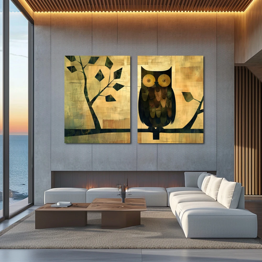 Cuadro testigo del bosque en formato díptico con colores dorado, gris, negro, beige; decorando pared de encima del sofá