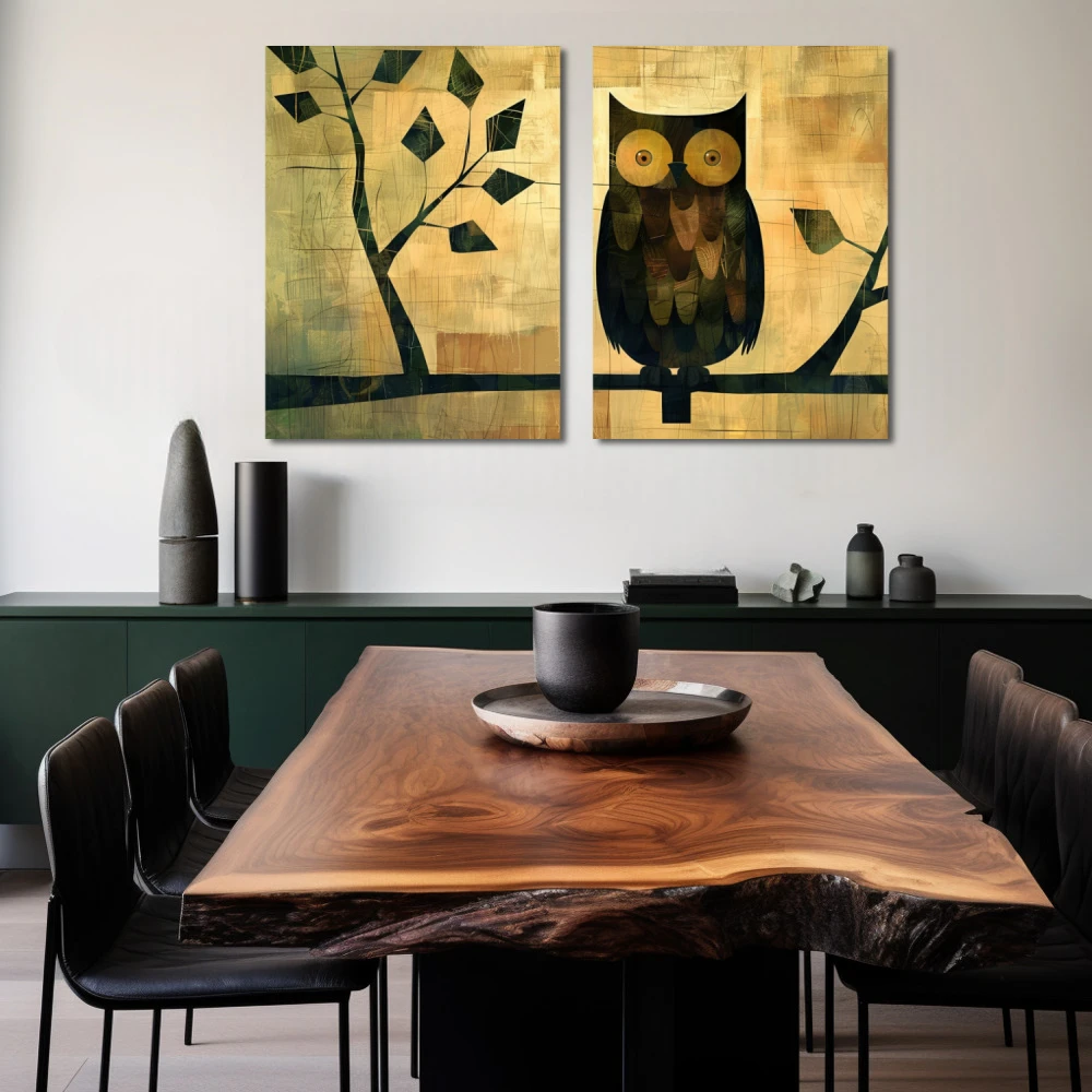 Cuadro testigo del bosque en formato díptico con colores dorado, gris, negro, beige; decorando pared de salón comedor