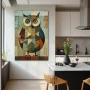 Wall Art titled: Guardian of Scrolls in a Vertical format with: Sky blue, Grey, and Brown Colors; Decoration the Kitchen wall