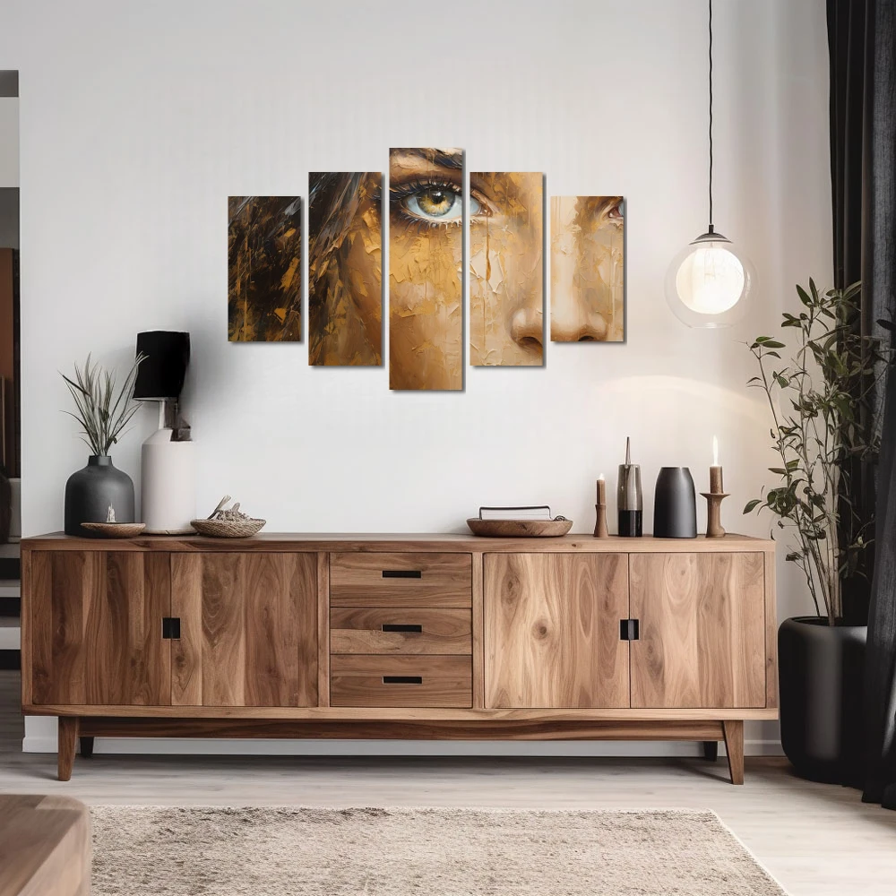 Wall Art titled: The Gaze in a Horizontal format with: Golden, and Brown Colors; Decoration the Sideboard wall