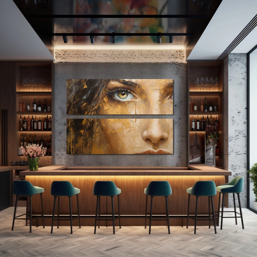 Wall Art titled: The Gaze in a Horizontal format with: Golden, and Brown Colors; Decoration the Bar wall