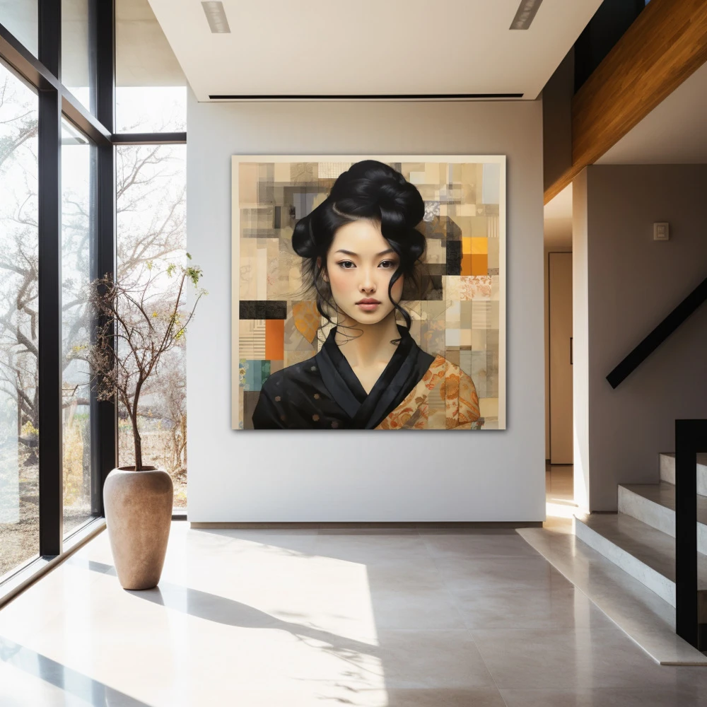 Wall Art titled: Visual Contemporary Haiku in a Square format with: Black, and Beige Colors; Decoration the Entryway wall