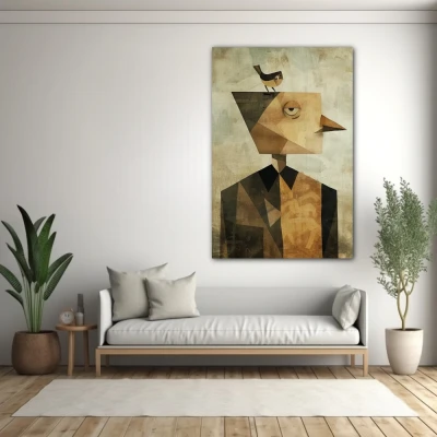 Wall Art titled: Homo avianus in a Vertical format with: Brown, and Beige Colors; Decoration the White Wall wall