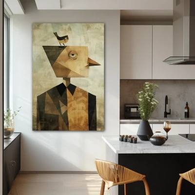 Wall Art titled: Homo avianus in a Vertical format with: Brown, and Beige Colors; Decoration the Kitchen wall