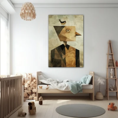 Wall Art titled: Homo avianus in a  format with: Brown, and Beige Colors; Decoration the Nursery wall