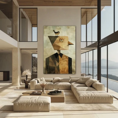 Wall Art titled: Homo avianus in a Vertical format with: Brown, and Beige Colors; Decoration the Above Couch wall