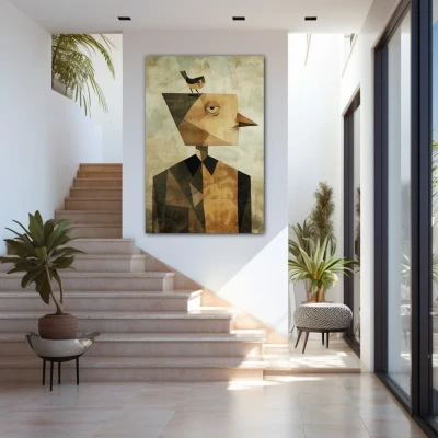 Wall Art titled: Homo avianus in a  format with: Brown, and Beige Colors; Decoration the Staircase wall