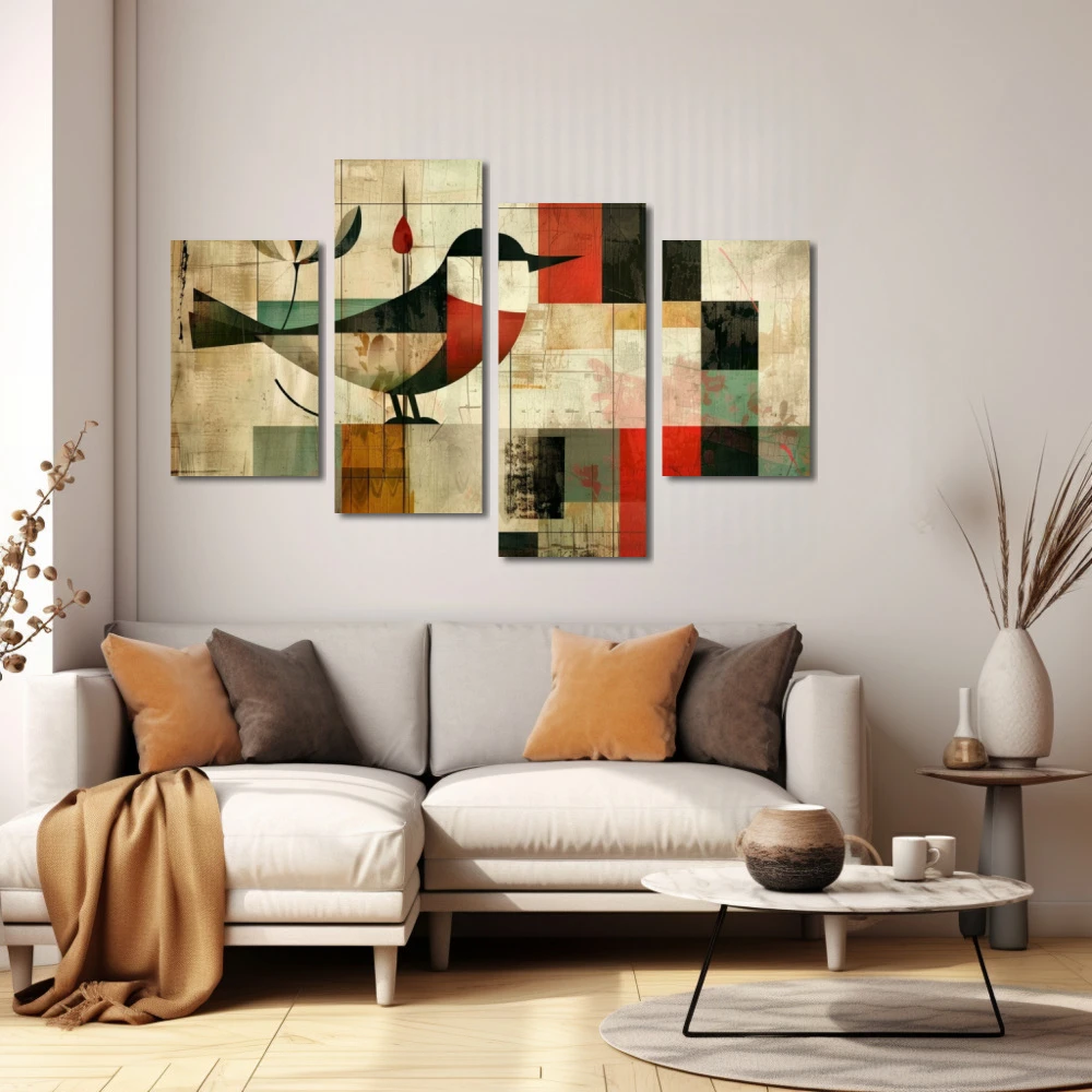 Wall Art titled: Winged Patterns in a Horizontal format with: Red, and Beige Colors; Decoration the White Wall wall