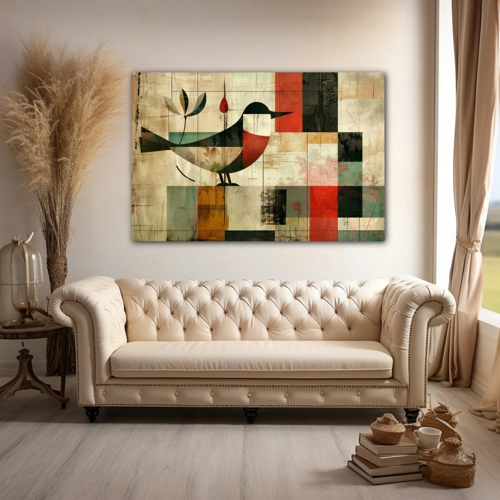 Wall Art titled: Winged Patterns in a Horizontal format with: Red, and Beige Colors; Decoration the Above Couch wall