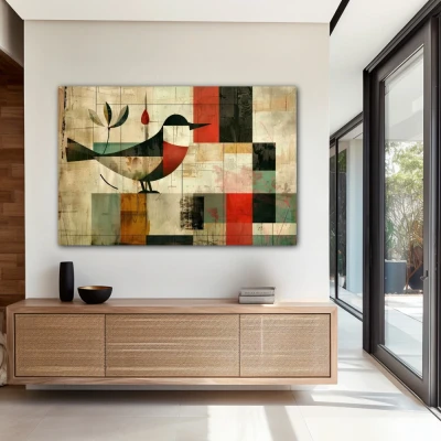 Wall Art titled: Winged Patterns in a Horizontal format with: Red, and Beige Colors; Decoration the Entryway wall