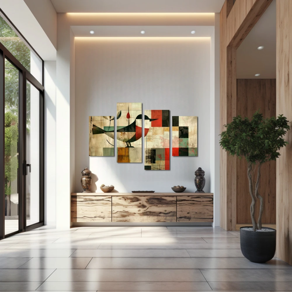 Wall Art titled: Winged Patterns in a Horizontal format with: Red, and Beige Colors; Decoration the Entryway wall