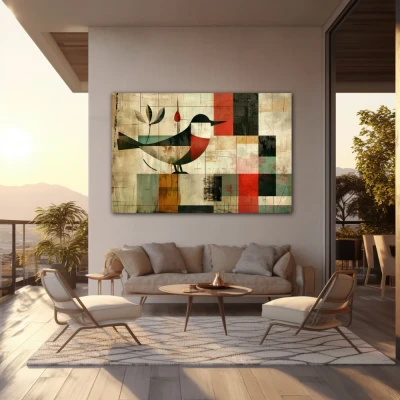 Wall Art titled: Winged Patterns in a Horizontal format with: Red, and Beige Colors; Decoration the Outdoor wall